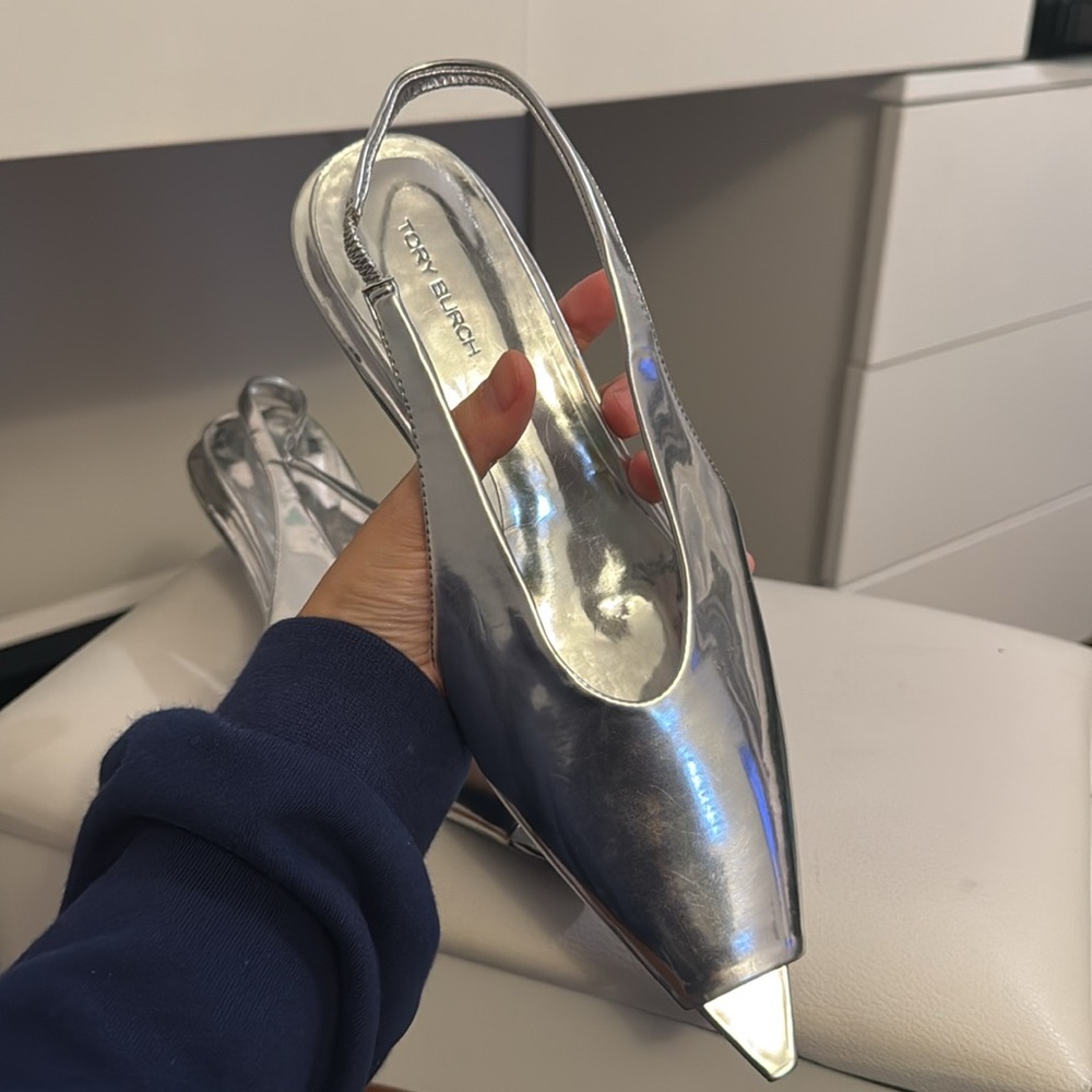 Tory Burch Silver Metallic Slingback Kitten Heels - Picture 2 of 4